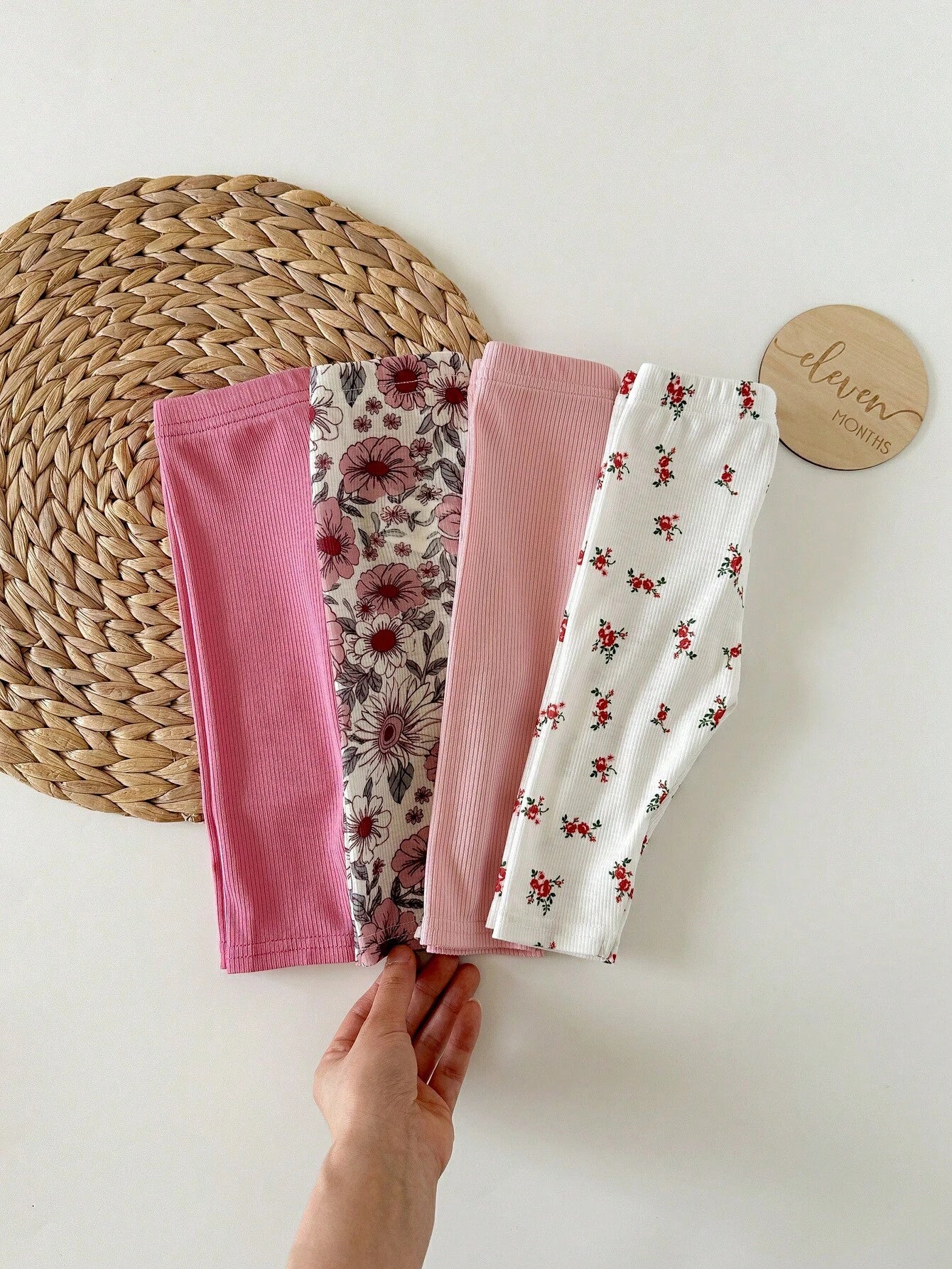 Vintaside Kids 4pcs/Set Baby Toddler Girl Pastoral Style Soft & Breathable Floral Botanical Pink Apricot Solid Color Leggings Pants For Spring/Summer