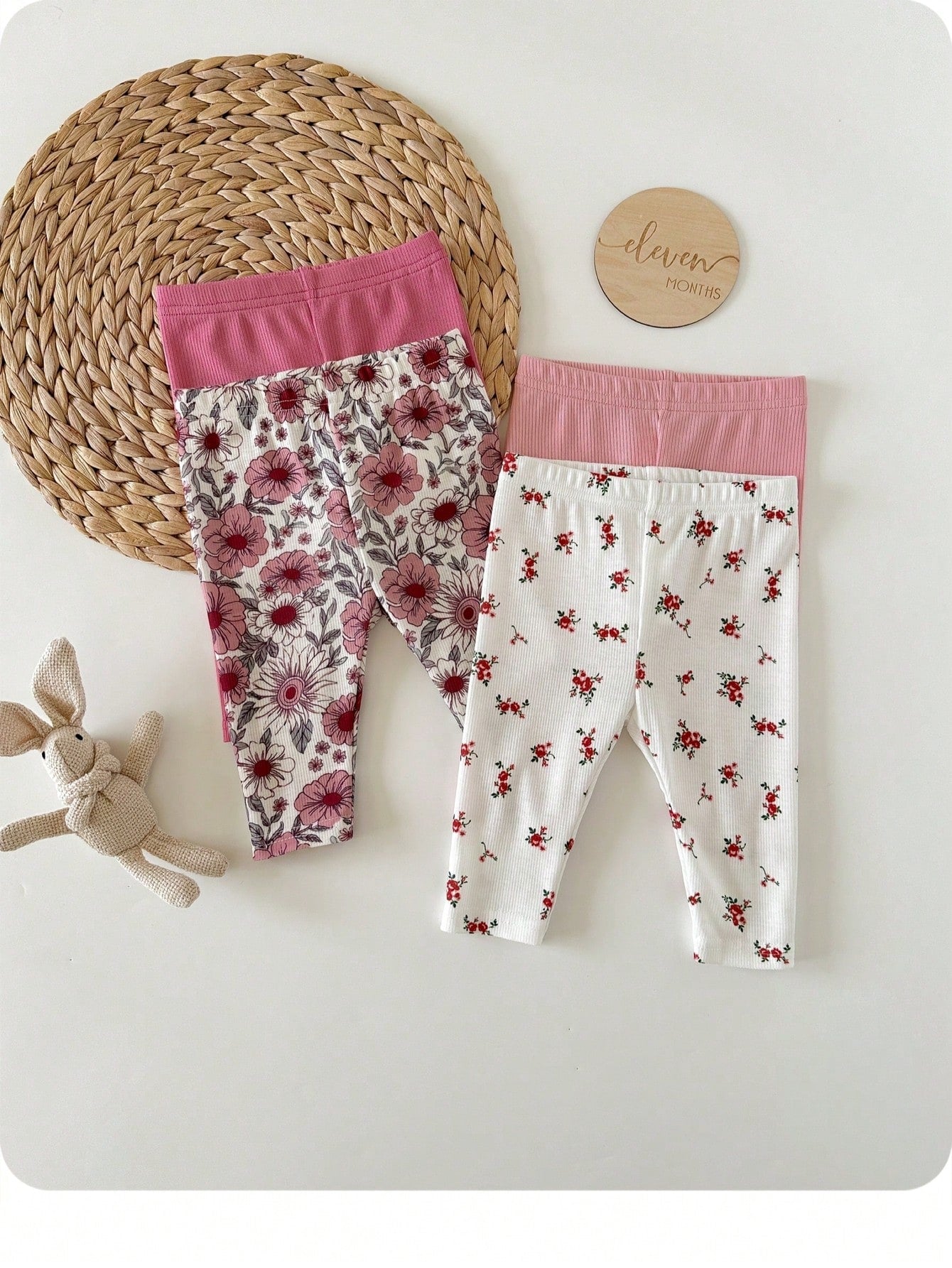 Vintaside Kids 4pcs/Set Baby Toddler Girl Pastoral Style Soft & Breathable Floral Botanical Pink Apricot Solid Color Leggings Pants For Spring/Summer