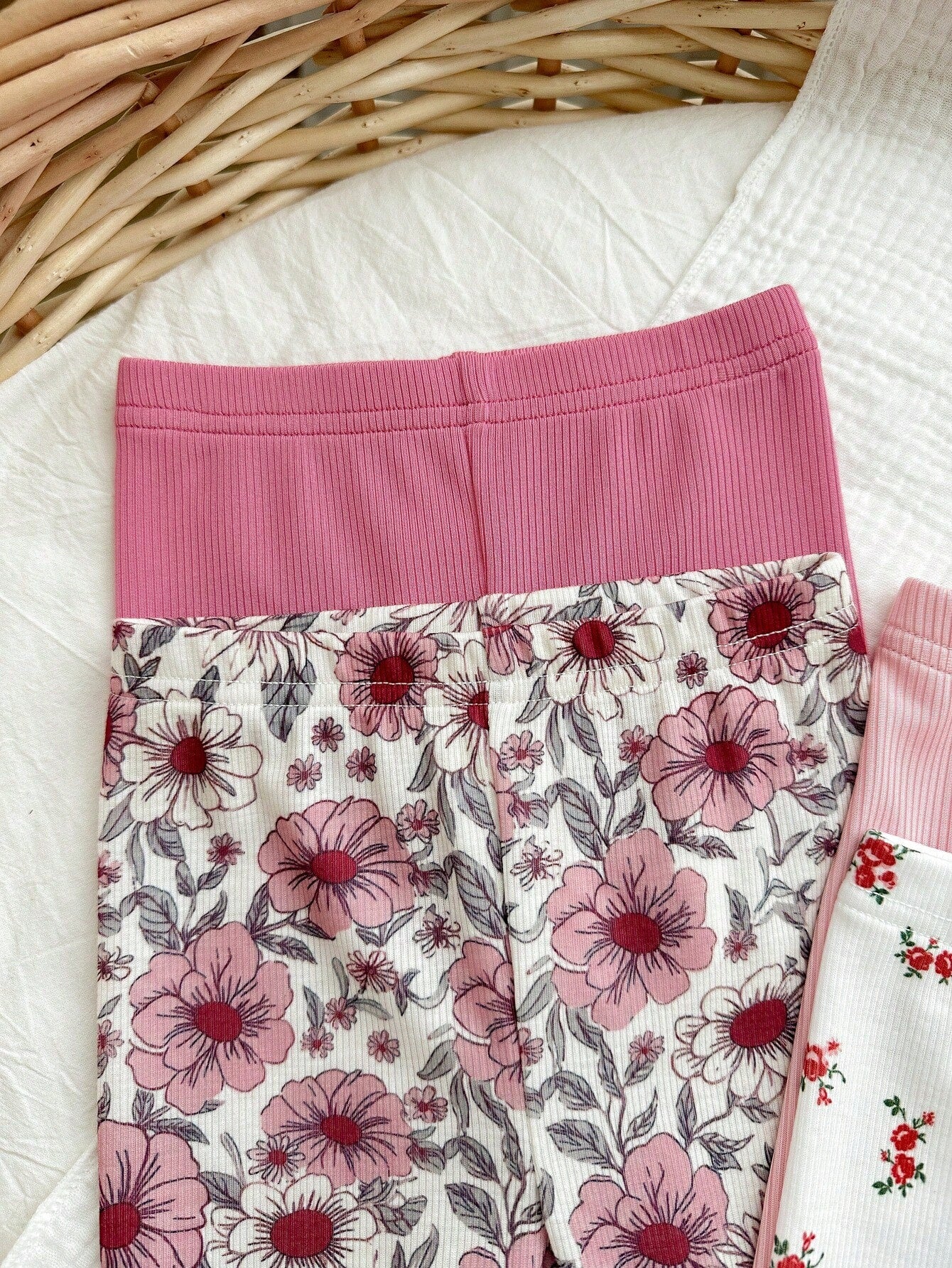 Vintaside Kids 4pcs/Set Baby Toddler Girl Pastoral Style Soft & Breathable Floral Botanical Pink Apricot Solid Color Leggings Pants For Spring/Summer
