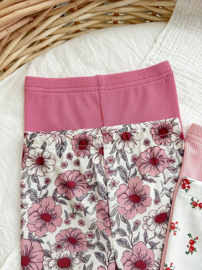 Vintaside Kids 4pcs/Set Baby Toddler Girl Pastoral Style Soft & Breathable Floral Botanical Pink Apricot Solid Color Leggings Pants For Spring/Summer