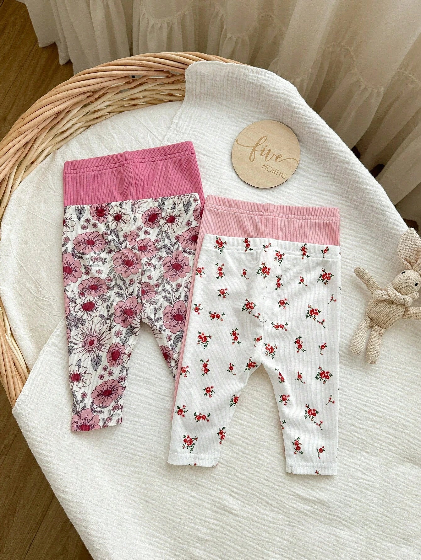Vintaside Kids 4pcs/Set Baby Toddler Girl Pastoral Style Soft & Breathable Floral Botanical Pink Apricot Solid Color Leggings Pants For Spring/Summer
