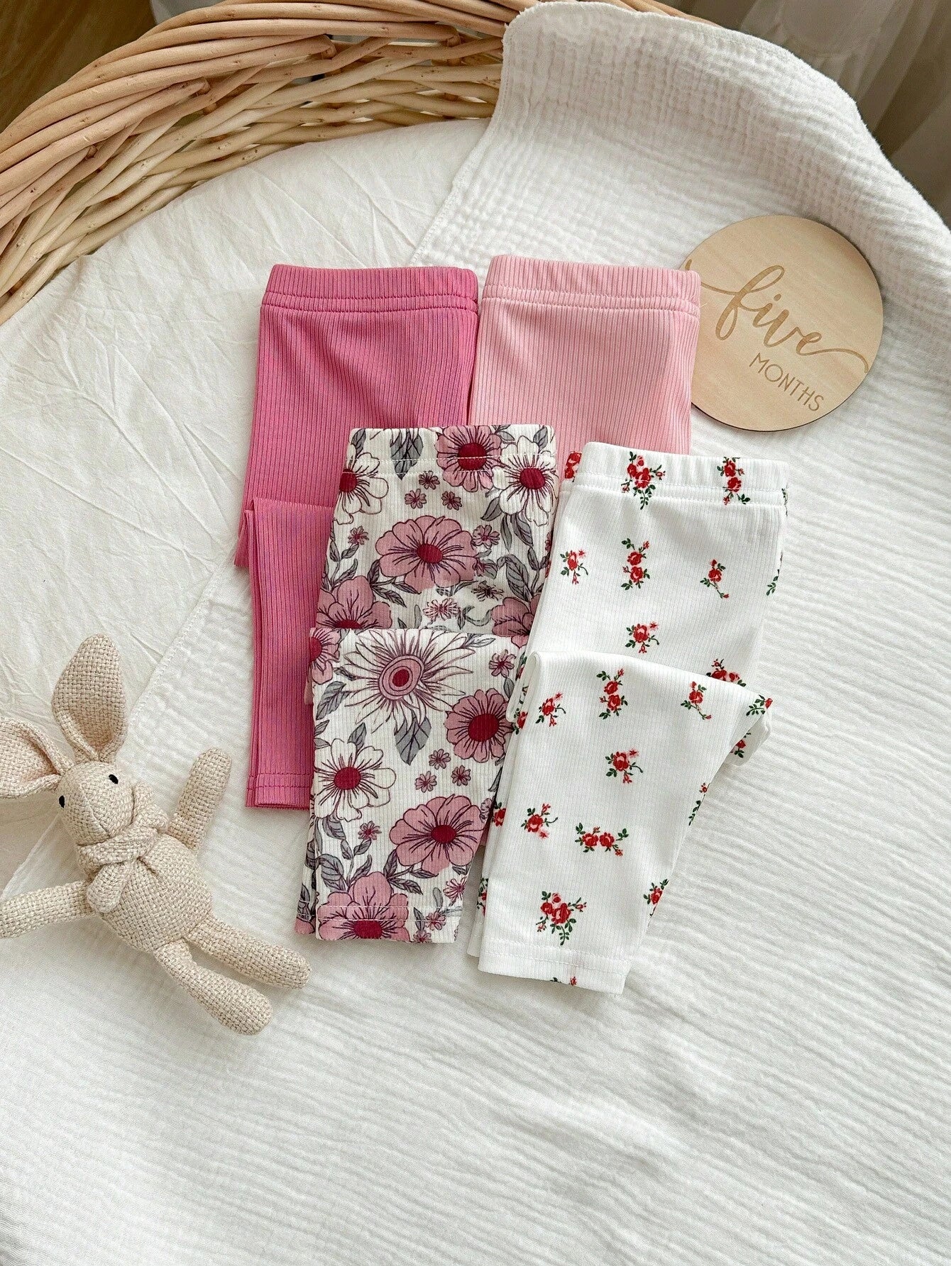 Vintaside Kids 4pcs/Set Baby Toddler Girl Pastoral Style Soft & Breathable Floral Botanical Pink Apricot Solid Color Leggings Pants For Spring/Summer