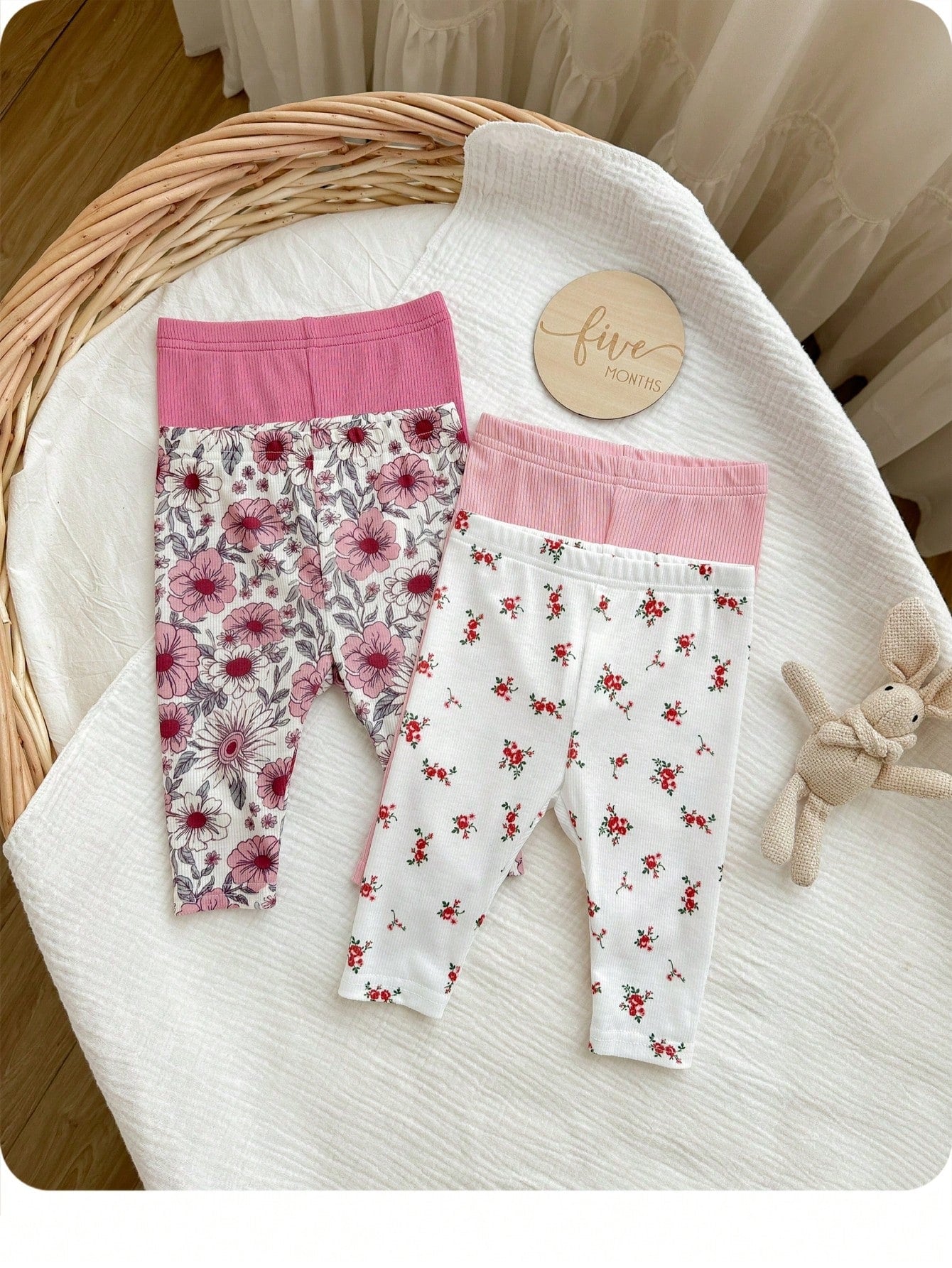 Vintaside Kids 4pcs/Set Baby Toddler Girl Pastoral Style Soft & Breathable Floral Botanical Pink Apricot Solid Color Leggings Pants For Spring/Summer