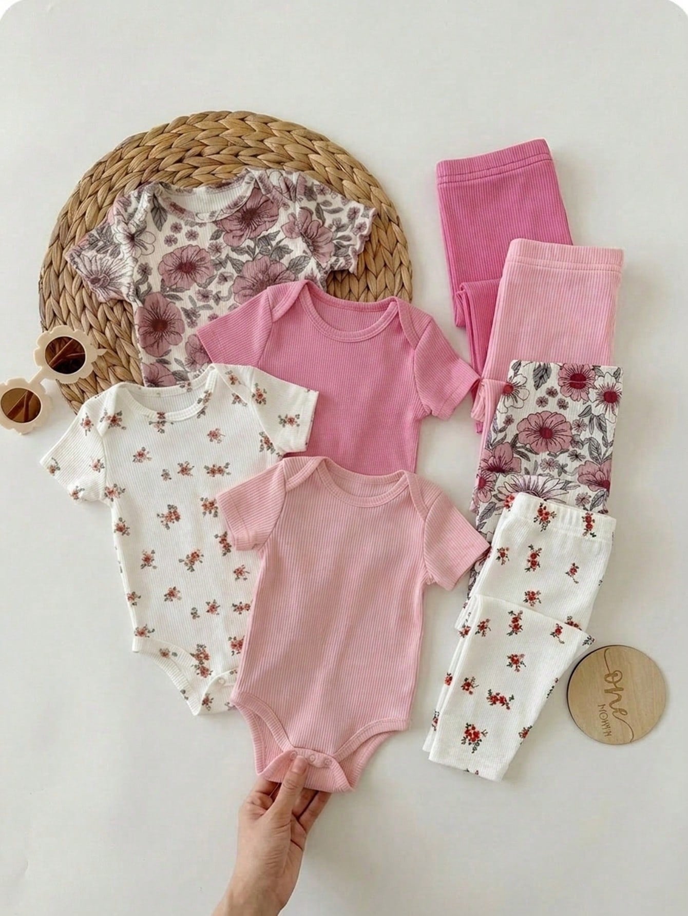 Vintaside Kids 4pcs/Set Baby Toddler Girl Pastoral Style Soft & Breathable Floral Botanical Pink Apricot Solid Color Leggings Pants For Spring/Summer