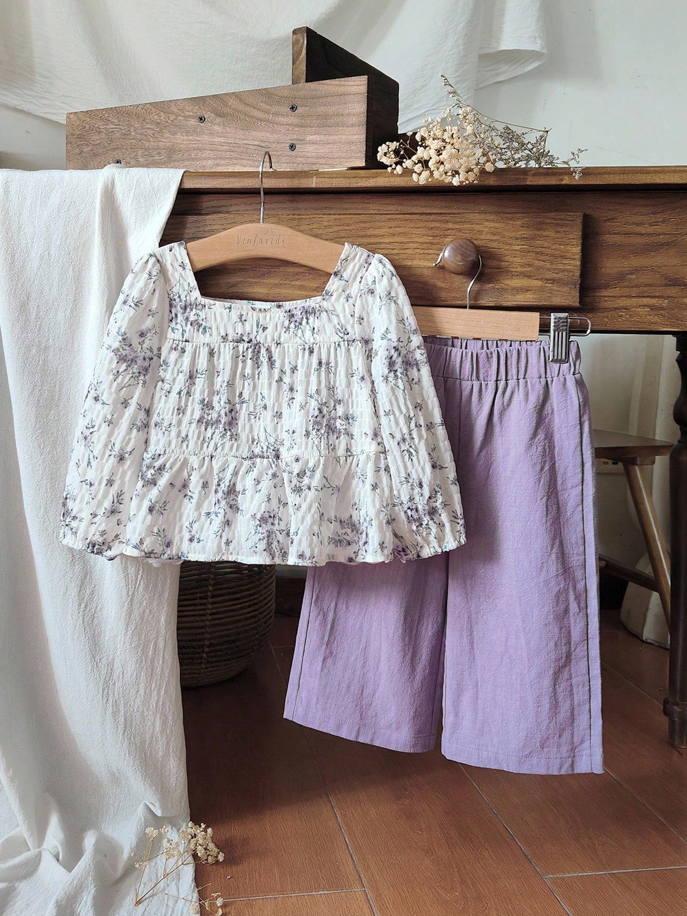 Vintaside Kids Autumn Baby Girl Purple Floral Print Collared Long Sleeve Top And Casual Matching Pants Set,Modest Vacation Fall Winter Outfit For Home Outdoor