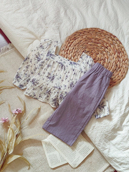 Vintaside Kids Autumn Baby Girl Purple Floral Print Collared Long Sleeve Top And Casual Matching Pants Set,Modest Vacation Fall Winter Outfit For Home Outdoor