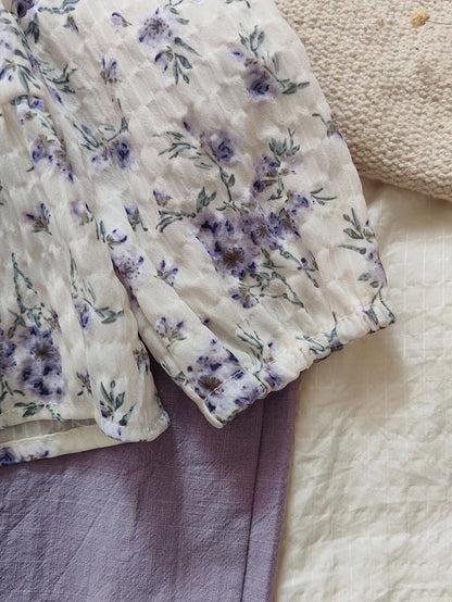 Vintaside Kids Autumn Baby Girl Purple Floral Print Collared Long Sleeve Top And Casual Matching Pants Set,Modest Vacation Fall Winter Outfit For Home Outdoor