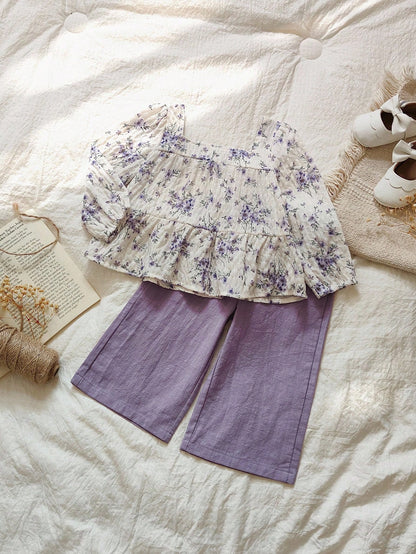Vintaside Kids Autumn Baby Girl Purple Floral Print Collared Long Sleeve Top And Casual Matching Pants Set,Modest Vacation Fall Winter Outfit For Home Outdoor
