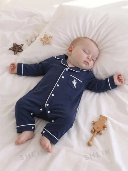 Vintaside Kids Newborn Home Jumpsuit Pajamas, Cartoon Dinosaur Print Pattern With Piped Trim, Soft And Comfortable Fabric Night Photoshoot Navy Blue Autumn Casual