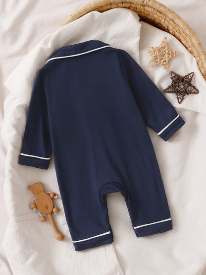 Vintaside Kids Newborn Home Jumpsuit Pajamas, Cartoon Dinosaur Print Pattern With Piped Trim, Soft And Comfortable Fabric Night Photoshoot Navy Blue Autumn Casual