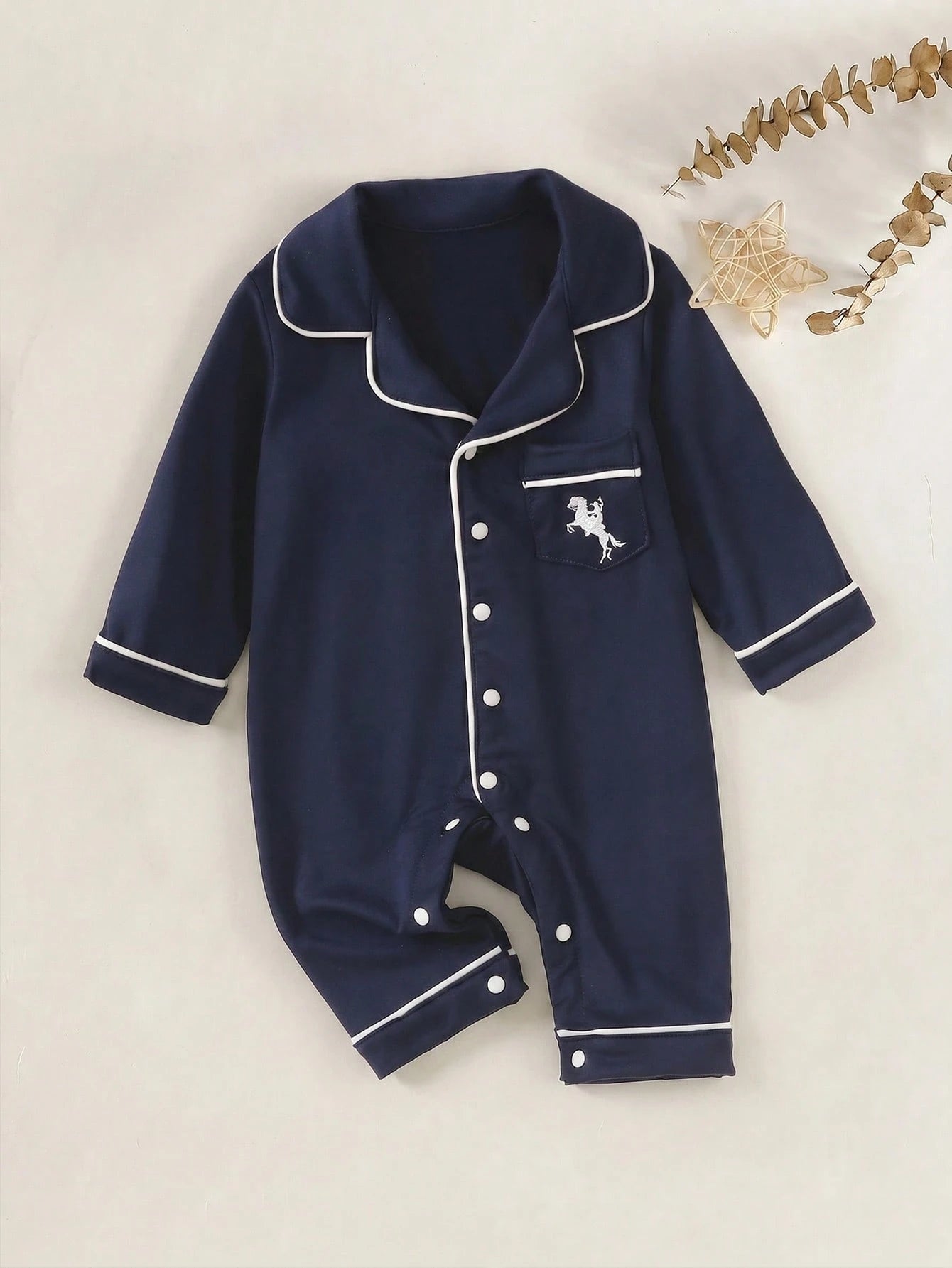 Vintaside Kids Newborn Home Jumpsuit Pajamas, Cartoon Dinosaur Print Pattern With Piped Trim, Soft And Comfortable Fabric Night Photoshoot Navy Blue Autumn Casual