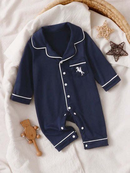 Vintaside Kids Newborn Home Jumpsuit Pajamas, Cartoon Dinosaur Print Pattern With Piped Trim, Soft And Comfortable Fabric Night Photoshoot Navy Blue Autumn Casual