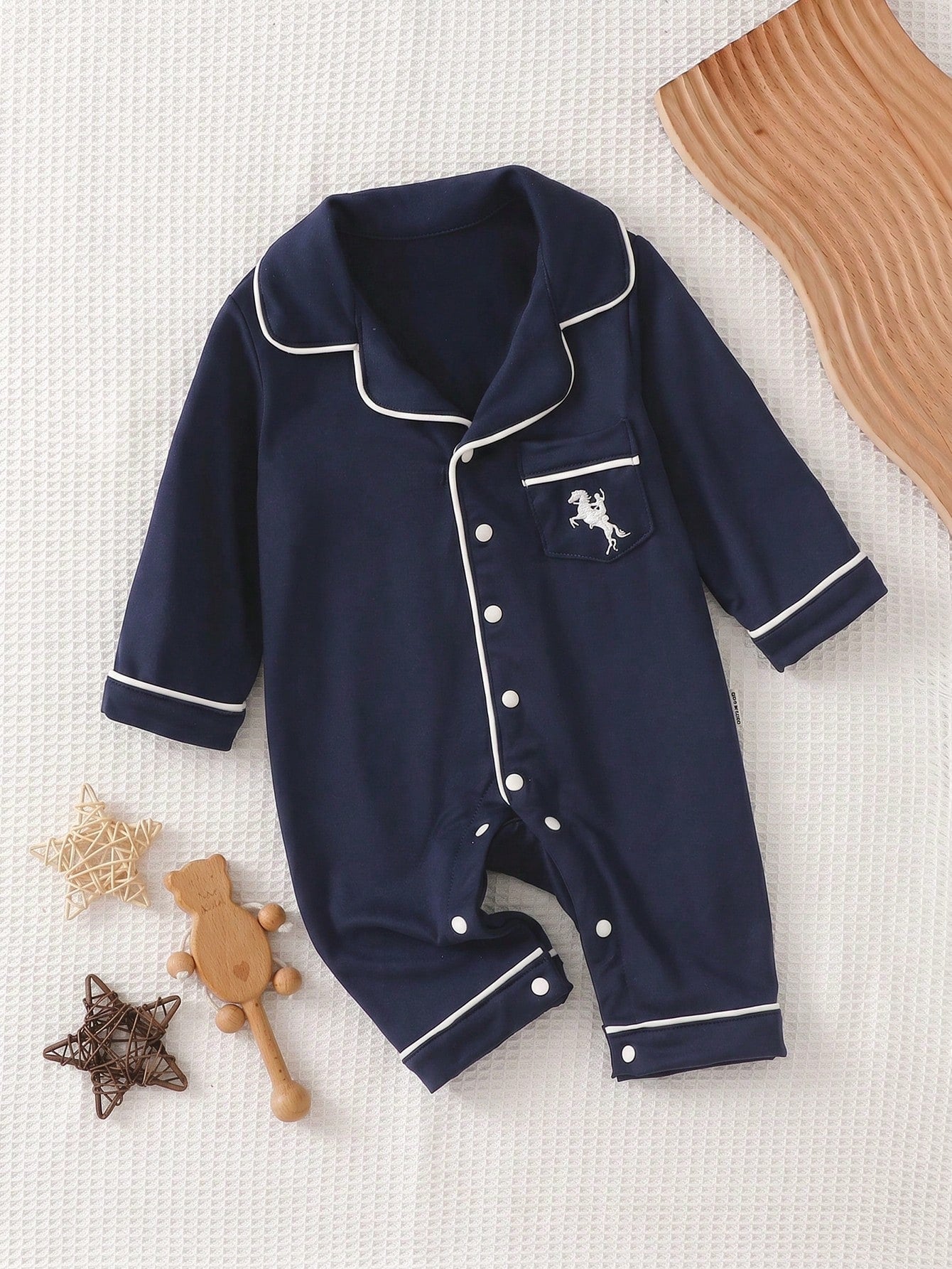 Vintaside Kids Newborn Home Jumpsuit Pajamas, Cartoon Dinosaur Print Pattern With Piped Trim, Soft And Comfortable Fabric Night Photoshoot Navy Blue Autumn Casual