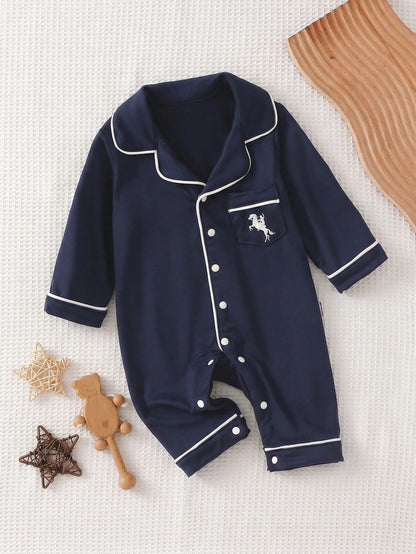 Vintaside Kids Newborn Home Jumpsuit Pajamas, Cartoon Dinosaur Print Pattern With Piped Trim, Soft And Comfortable Fabric Night Photoshoot Navy Blue Autumn Casual