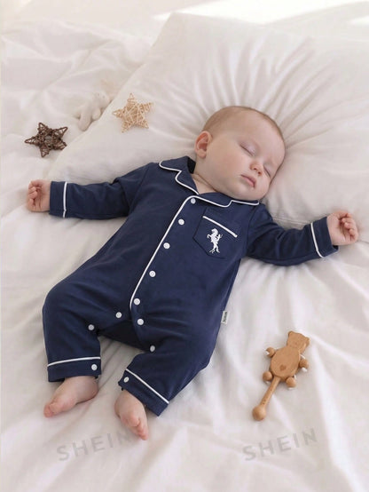 Vintaside Kids Newborn Home Jumpsuit Pajamas, Cartoon Dinosaur Print Pattern With Piped Trim, Soft And Comfortable Fabric Night Photoshoot Navy Blue Autumn Casual