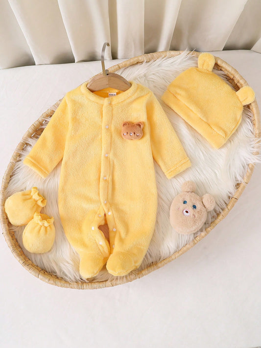 Vintaside Kids Newborn Simple Solid Yellow Long Sleeve Jumpsuit With Hat And Gloves, Infant Homewear Set