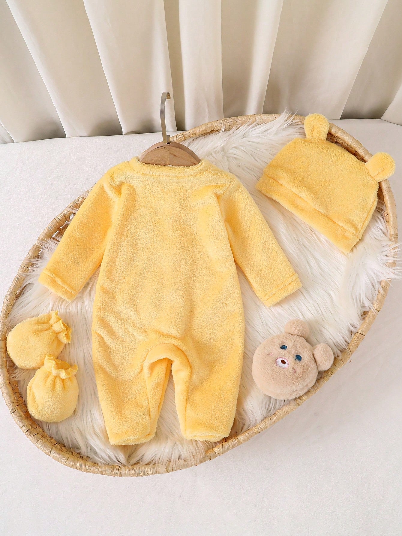 Vintaside Kids Newborn Simple Solid Yellow Long Sleeve Jumpsuit With Hat And Gloves, Infant Homewear Set