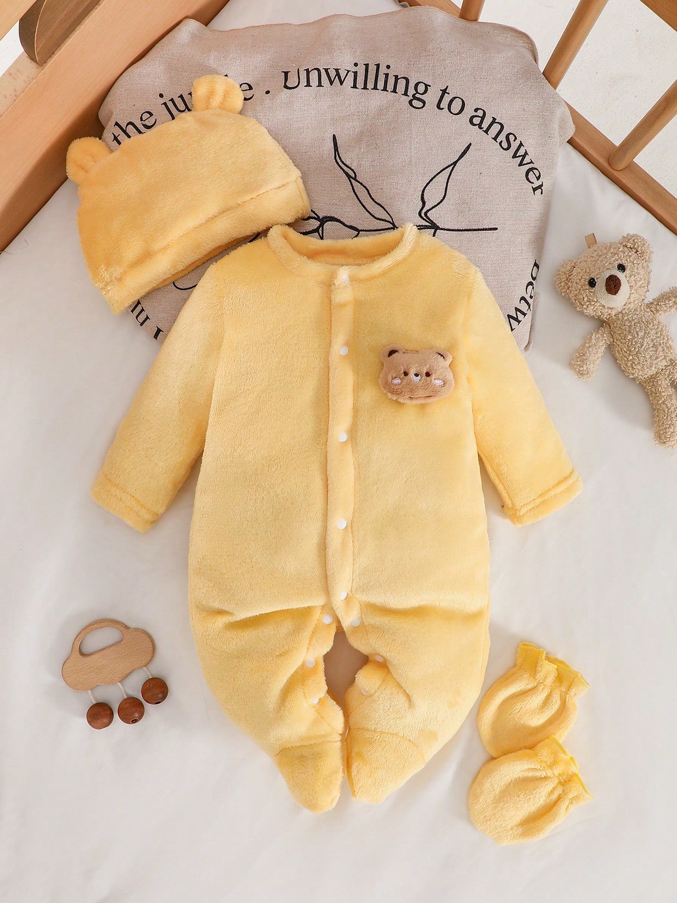 Vintaside Kids Newborn Simple Solid Yellow Long Sleeve Jumpsuit With Hat And Gloves, Infant Homewear Set