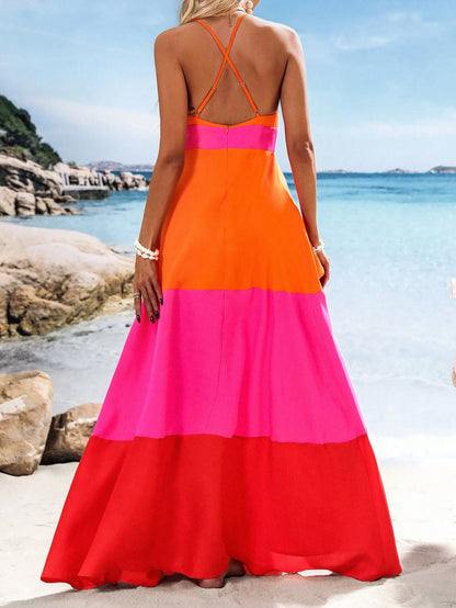 Vivid Eden Orange And Pink Summer Boho Sexy Breezy Holiday Vacation Woven Color Block V-Neck Women Long Dress Beach Outfits For Woman Festival Elegant Clothing