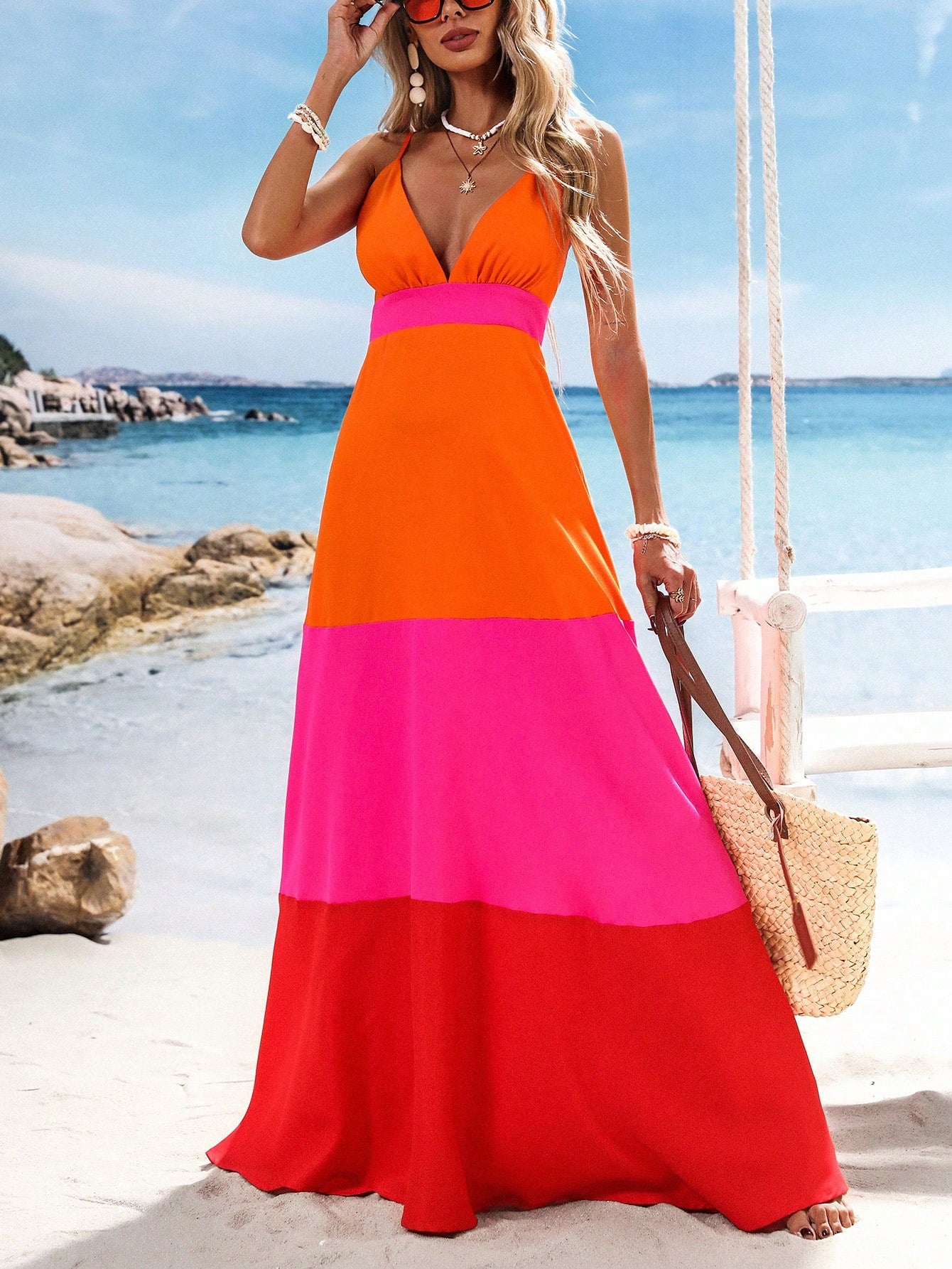 Vivid Eden Orange And Pink Summer Boho Sexy Breezy Holiday Vacation Woven Color Block V-Neck Women Long Dress Beach Outfits For Woman Festival Elegant Clothing