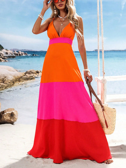 Vivid Eden Orange And Pink Summer Boho Sexy Breezy Holiday Vacation Woven Color Block V-Neck Women Long Dress Beach Outfits For Woman Festival Elegant Clothing