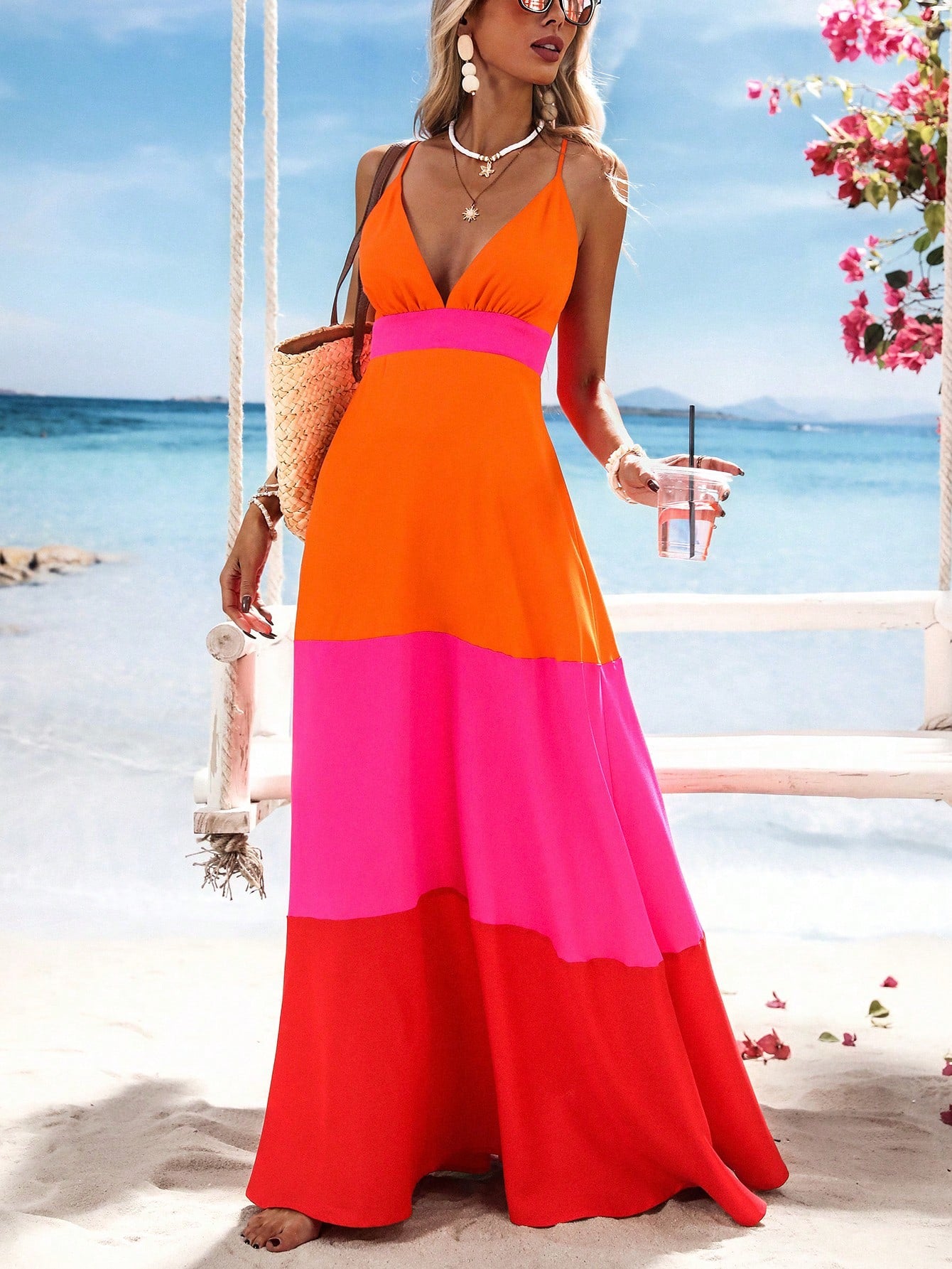 Vivid Eden Orange And Pink Summer Boho Sexy Breezy Holiday Vacation Woven Color Block V-Neck Women Long Dress Beach Outfits For Woman Festival Elegant Clothing