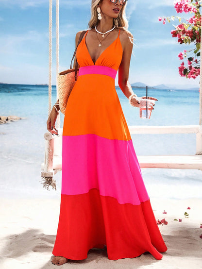 Vivid Eden Orange And Pink Summer Boho Sexy Breezy Holiday Vacation Woven Color Block V-Neck Women Long Dress Beach Outfits For Woman Festival Elegant Clothing
