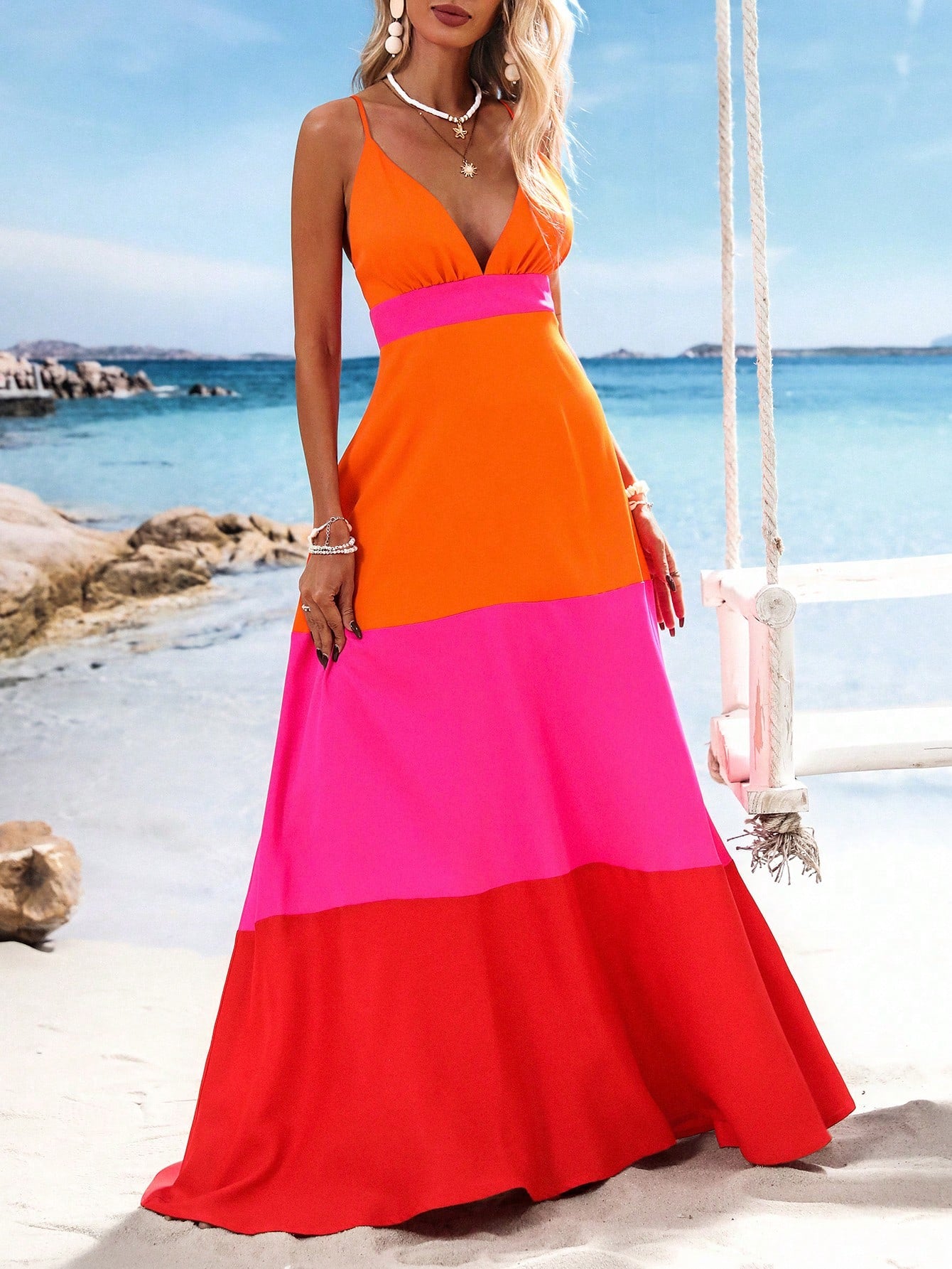 Vivid Eden Orange And Pink Summer Boho Sexy Breezy Holiday Vacation Woven Color Block V-Neck Women Long Dress Beach Outfits For Woman Festival Elegant Clothing