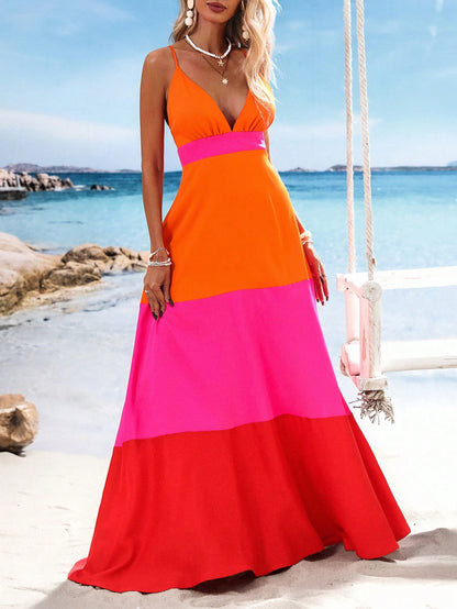 Vivid Eden Orange And Pink Summer Boho Sexy Breezy Holiday Vacation Woven Color Block V-Neck Women Long Dress Beach Outfits For Woman Festival Elegant Clothing