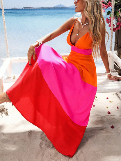 Vivid Eden Orange And Pink Summer Boho Sexy Breezy Holiday Vacation Woven Color Block V-Neck Women Long Dress Beach Outfits For Woman Festival Elegant Clothing