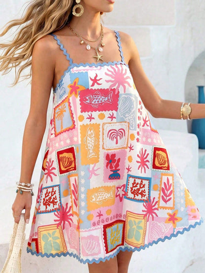 Vivid Eden Seafood Print Sleeveless Dress For Women,Dresses For Women Summer Beach Vacation White Tropical
