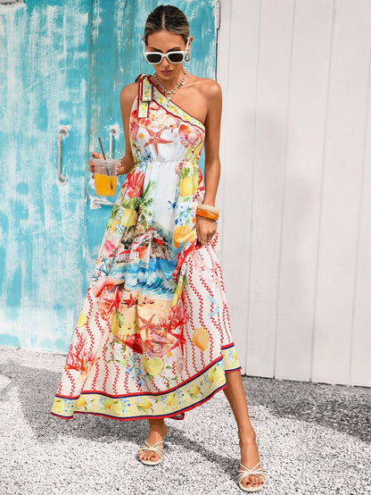 Vivid Eden Summer Vacation Casual Tropical Asymmetric Waist A-Line White Dress For Women Boho One Shoulder Resort Beach Vacation Wear Long Dresses Cruise Maxi