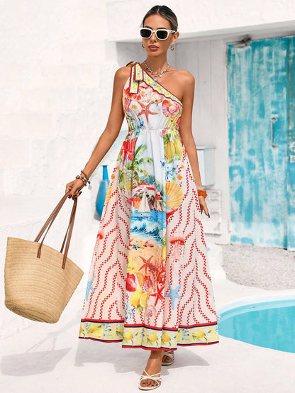 Vivid Eden Summer Vacation Casual Tropical Asymmetric Waist A-Line White Dress For Women Boho One Shoulder Resort Beach Vacation Wear Long Dresses Cruise Maxi