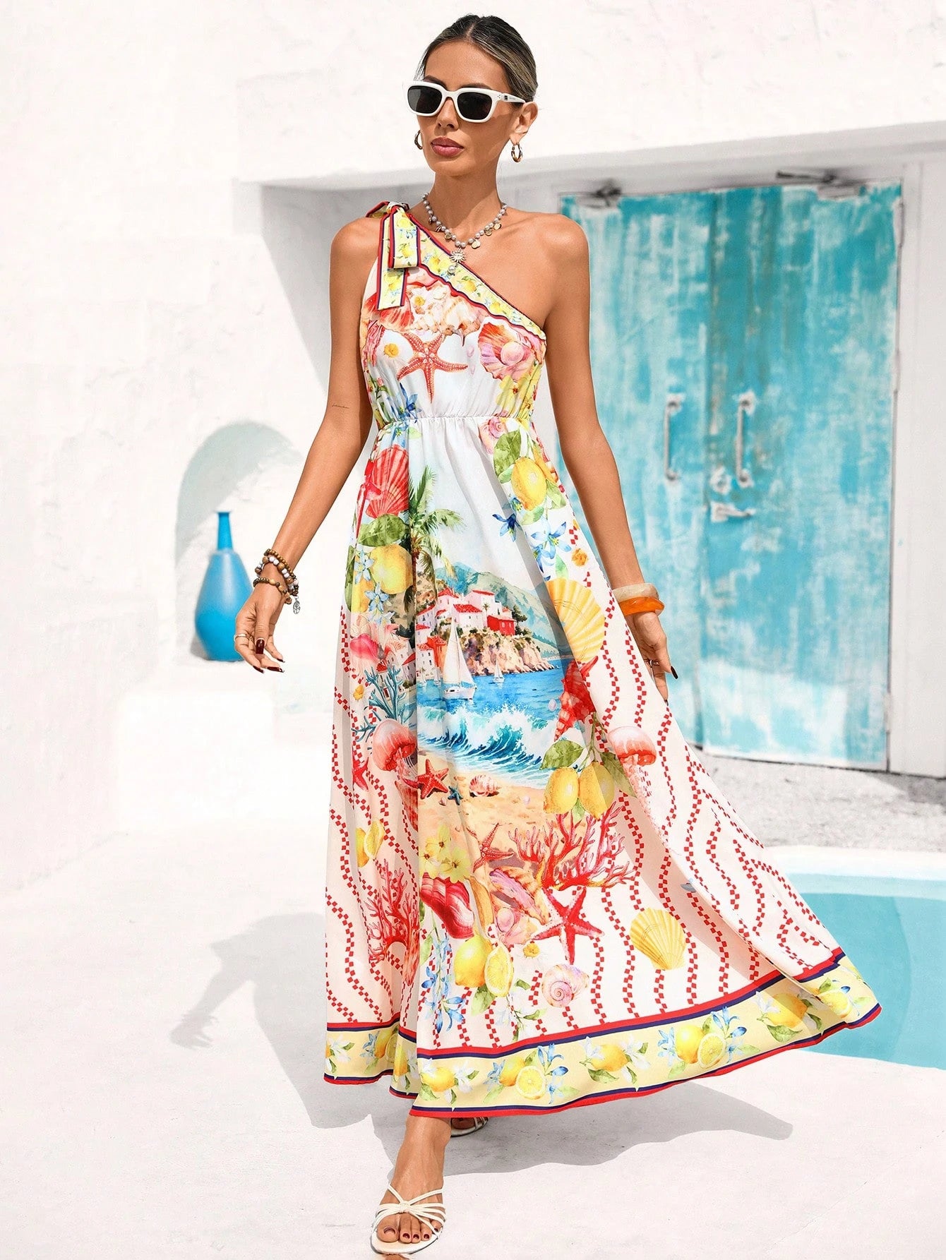 Vivid Eden Summer Vacation Casual Tropical Asymmetric Waist A-Line White Dress For Women Boho One Shoulder Resort Beach Vacation Wear Long Dresses Cruise Maxi