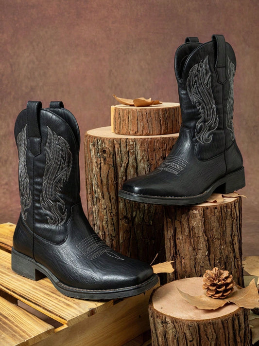 VOSTEY SHOESMORE Men's Black Cowboy Boots Retro Square Toe Boots Botas Vaqueras Para Hombre Embroidery Western Boots For Men