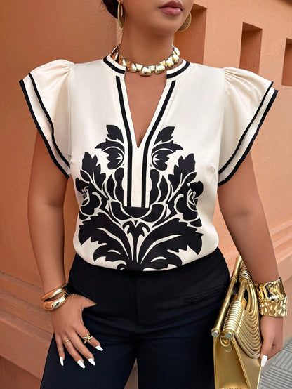 Weeklong Plus Size Women Floral Print Ruffle Trim Loose Blouse, Casual Holiday Top Chic