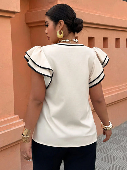 Weeklong Plus Size Women Floral Print Ruffle Trim Loose Blouse, Casual Holiday Top Chic
