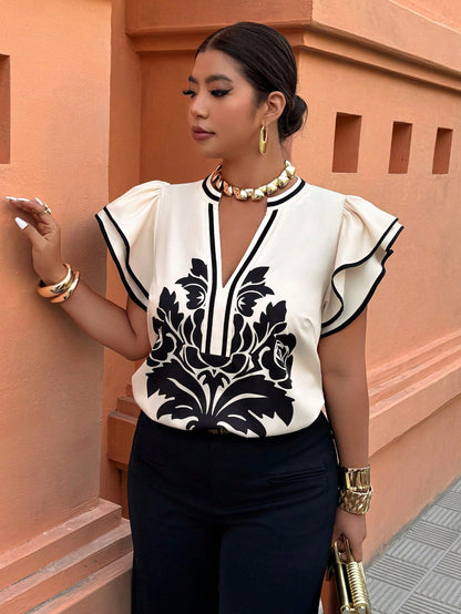 Weeklong Plus Size Women Floral Print Ruffle Trim Loose Blouse, Casual Holiday Top Chic