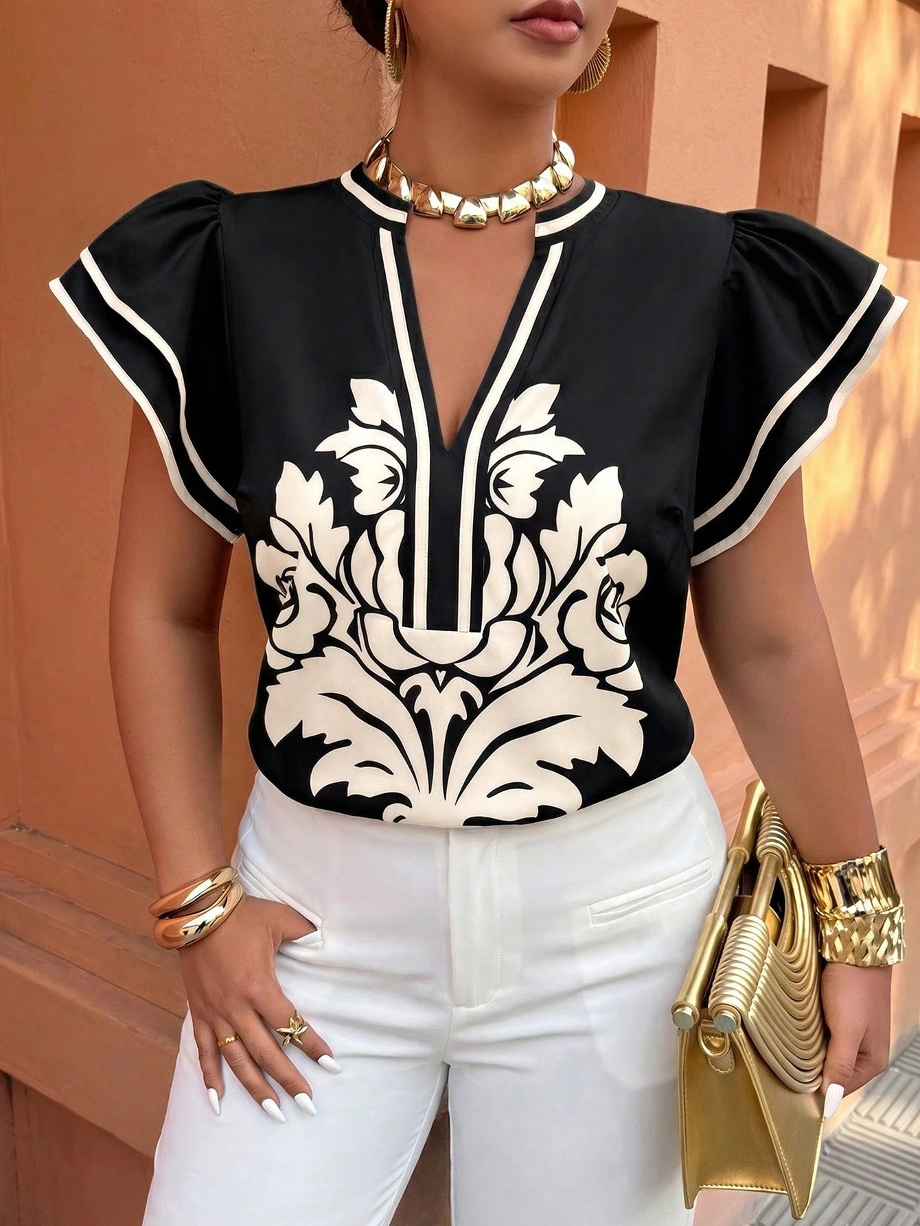 Weeklong Plus Size Women Floral Print Ruffle Trim Loose Blouse, Casual Holiday Top Chic
