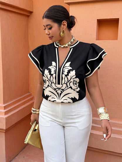 Weeklong Plus Size Women Floral Print Ruffle Trim Loose Blouse, Casual Holiday Top Chic