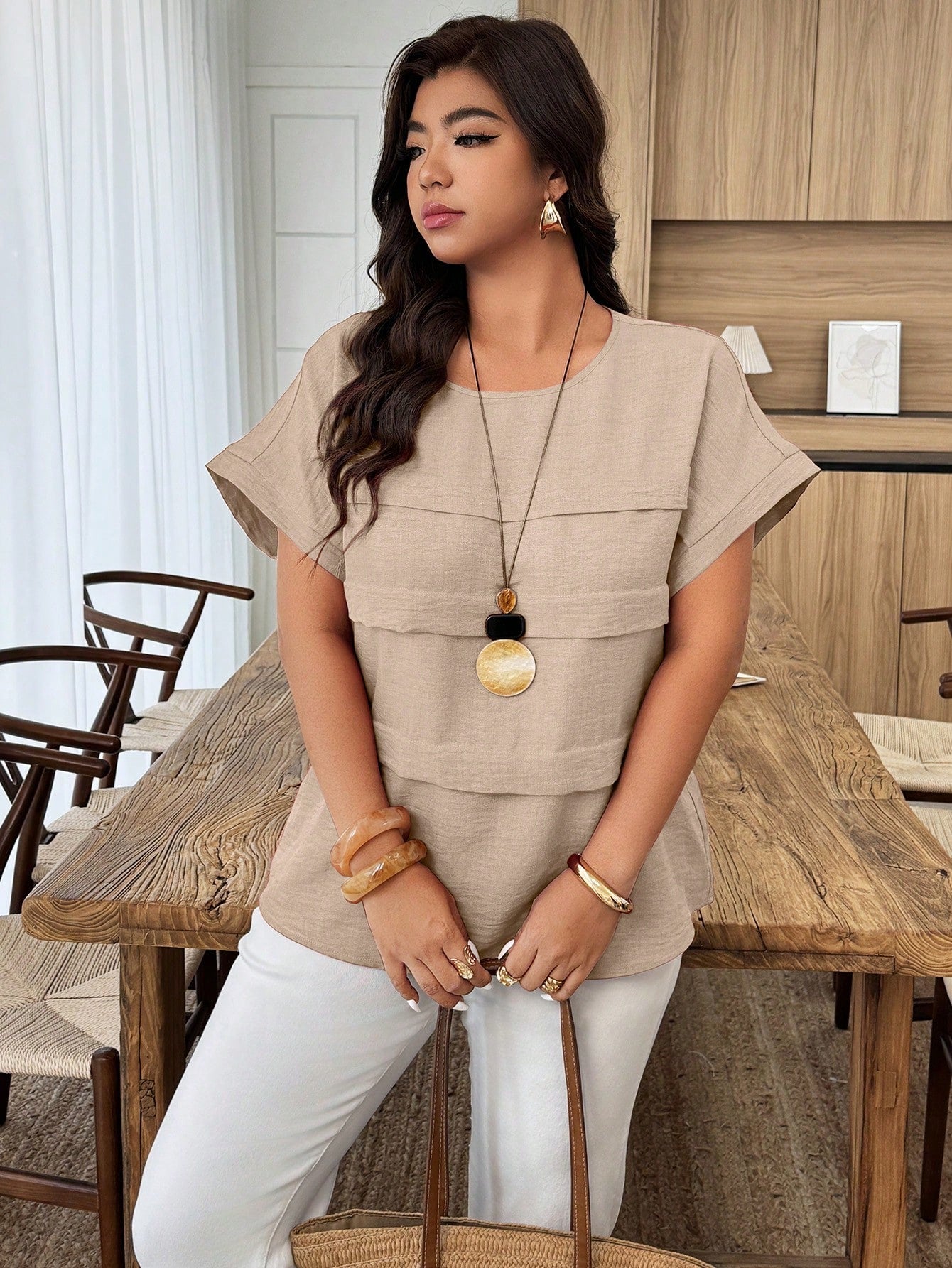 Weeklong Plus Size Women's Casual Pleated Round Neck Loose Dolman Sleeve Blouse, Suitable For Daily Wear And Vacation Chic