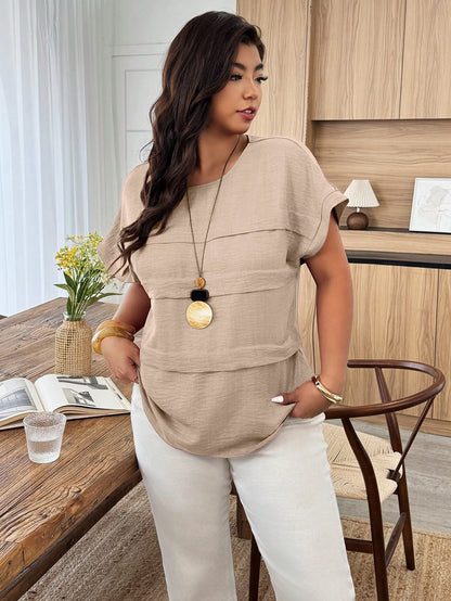 Weeklong Plus Size Women's Casual Pleated Round Neck Loose Dolman Sleeve Blouse, Suitable For Daily Wear And Vacation Chic