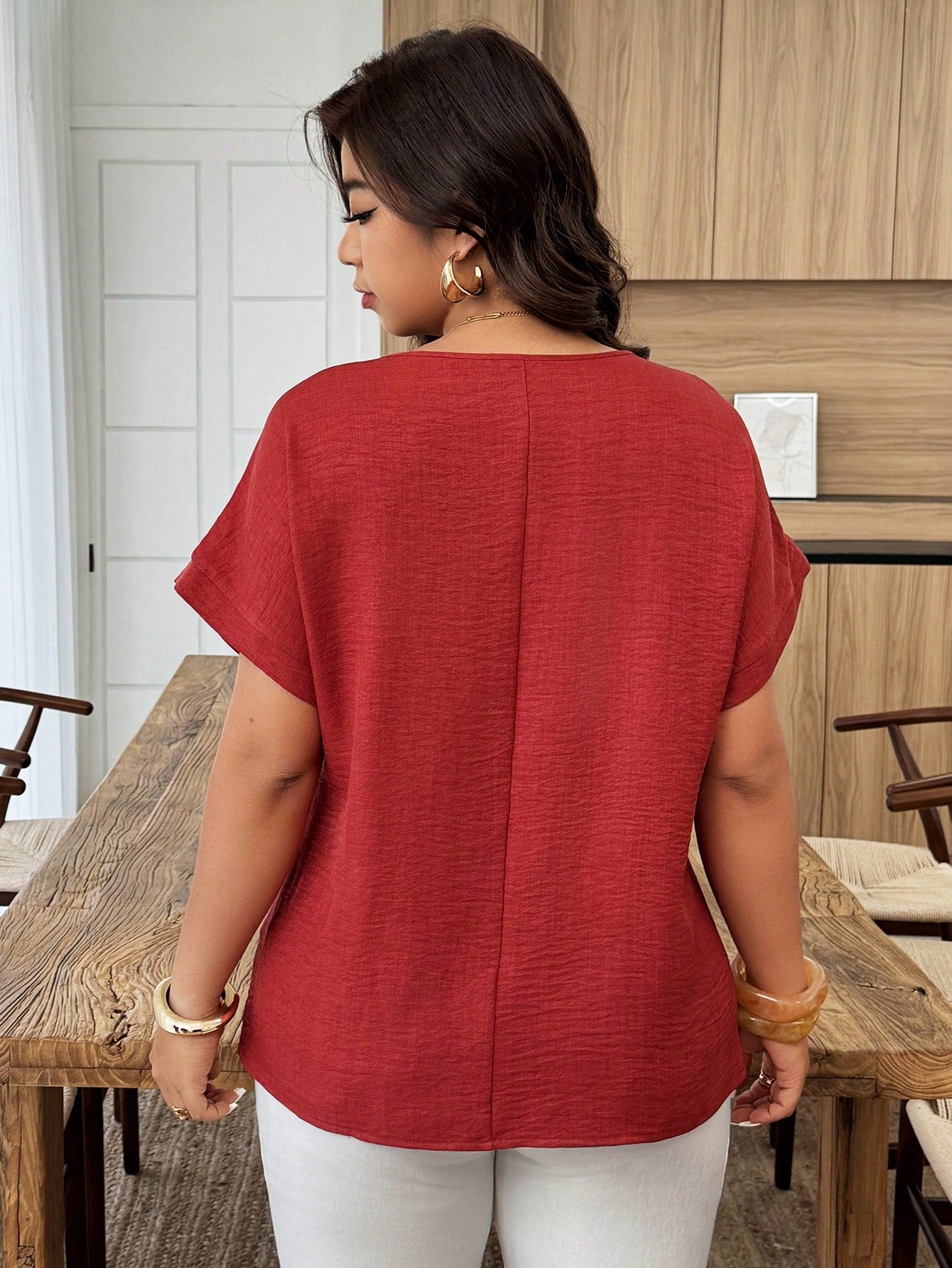 Weeklong Plus Size Women's Casual Pleated Round Neck Loose Dolman Sleeve Blouse, Suitable For Daily Wear And Vacation Chic