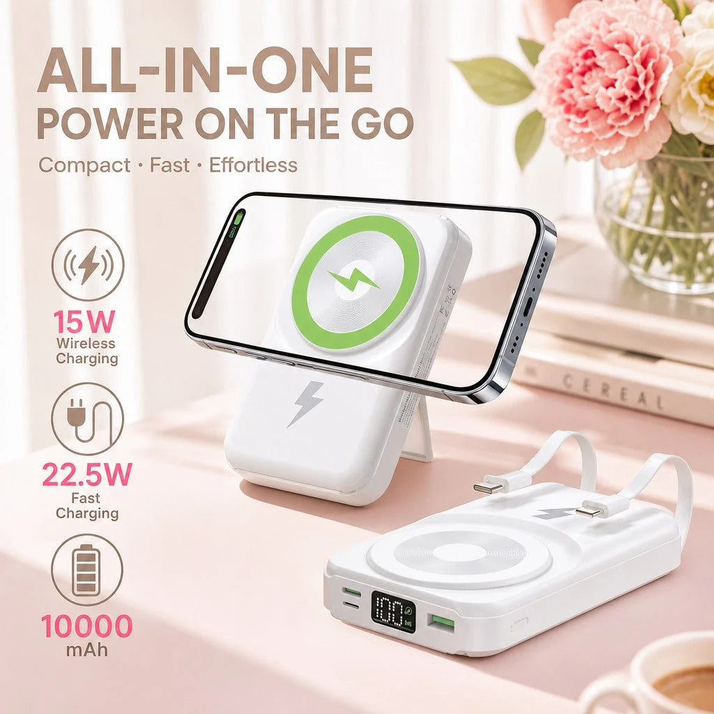 White 10000mAh Magnetic Wireless Battery Pack With 15W Output And 22.5W Fast Charging, Featuring A Digital Battery Level Display, White Rectangular Body And Practical Kickstand, Compatible With Select
