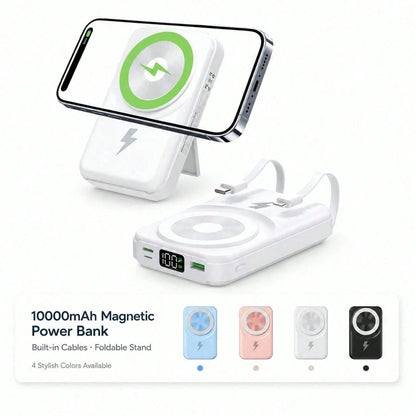 White 10000mAh Magnetic Wireless Battery Pack With 15W Output And 22.5W Fast Charging, Featuring A Digital Battery Level Display, White Rectangular Body And Practical Kickstand, Compatible With Select