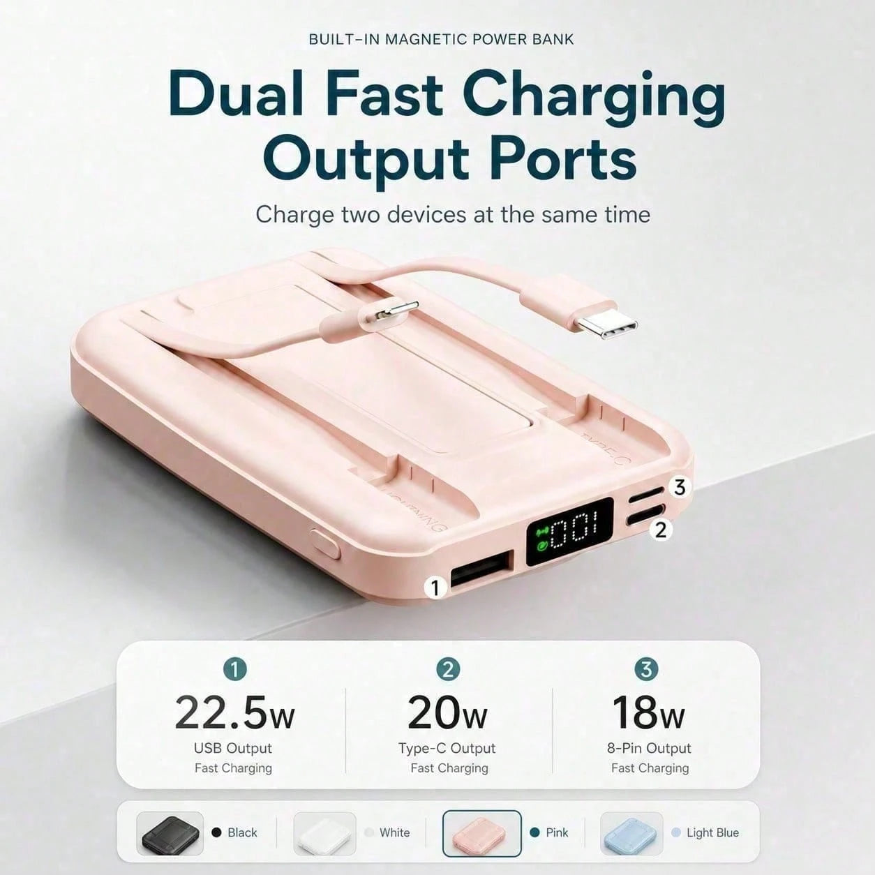 White 10000mAh Magnetic Wireless Battery Pack With 15W Output And 22.5W Fast Charging, Featuring A Digital Battery Level Display, White Rectangular Body And Practical Kickstand, Compatible With Select