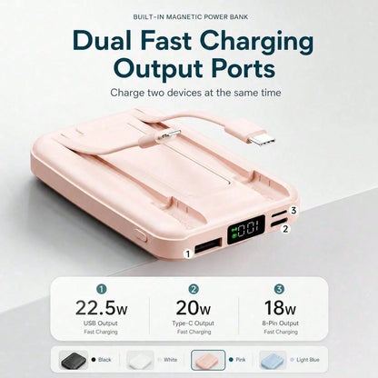 White 10000mAh Magnetic Wireless Battery Pack With 15W Output And 22.5W Fast Charging, Featuring A Digital Battery Level Display, White Rectangular Body And Practical Kickstand, Compatible With Select