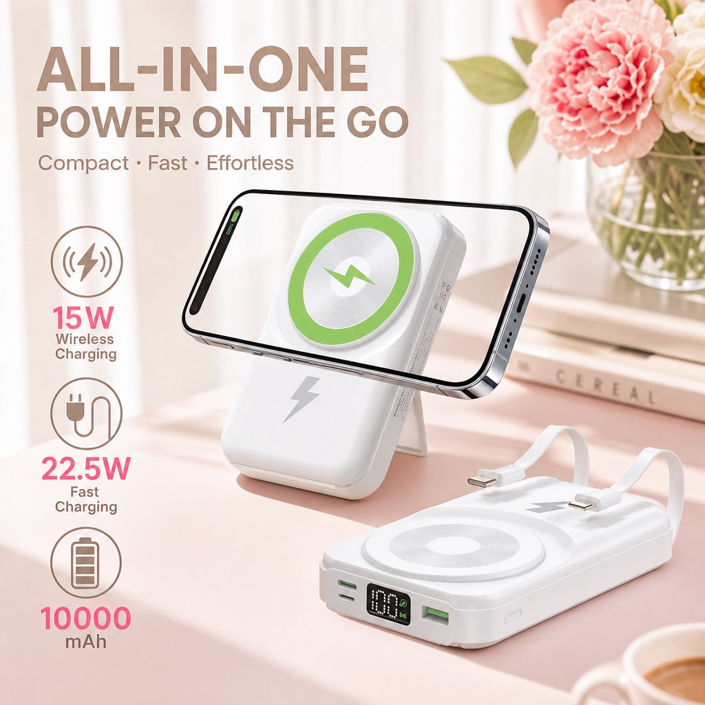 White 10000mAh Magnetic Wireless Battery Pack With 15W Output And 22.5W Fast Charging, Featuring A Digital Battery Level Display, White Rectangular Body And Practical Kickstand, Compatible With Select