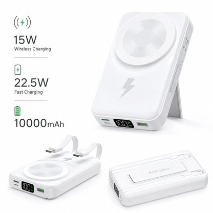 White 10000mAh Magnetic Wireless Power Bank With 15W Wireless And 22.5W Fast Charging, Featuring A Digital Remaining-Power Display, Compact Body And Fold-Out Support For Travel Use, Compatible With Su