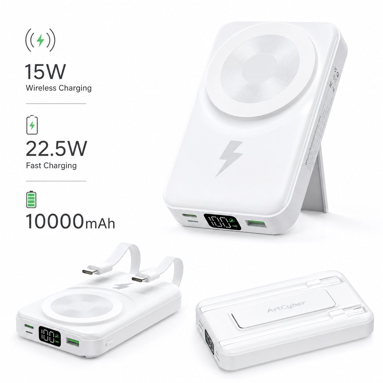White 10000mAh Magnetic Wireless Power Bank With 15W Wireless And 22.5W Fast Charging, Featuring A Digital Remaining-Power Display, Compact Body And Fold-Out Support For Travel Use, Compatible With Su